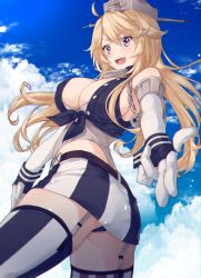 Rule 34 | 10s, 1girl, :d, asymmetrical legwear, bad id, bad pixiv id, blonde hair, breasts, cleavage, cloud, day, elbow gloves, eyebrows, front-tie top, garter straps, gloves, hair between eyes, headgear, highres, iowa (kancolle), kantai collection, large breasts, long hair, looking at viewer, miniskirt, mismatched legwear, open clothes, open mouth, open shirt, panties, petopetoo, purple eyes, shirt, skirt, sky, smile, solo, star-shaped pupils, star (symbol), striped clothes, striped skirt, striped thighhighs, symbol-shaped pupils, thighhighs, underwear, vertical-striped clothes, vertical-striped skirt, vertical-striped thighhighs, white gloves