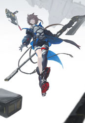 Rule 34 | 1girl, absurdres, belt, black jacket, black legwear, black shorts, boots, brown eyes, brown hair, closed mouth, floating, halberd, highres, holding, holding weapon, jacket, jaeyeong, looking at viewer, open clothes, open jacket, original, polearm, short shorts, shorts, single leg pantyhose, solo, thigh belt, thigh strap, two-sided fabric, two-sided jacket, weapon, white belt