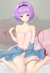 Rule 34 | 1girl, babydoll, bare shoulders, barefoot, blouse, unworn blouse, blue shirt, blurry, blurry background, breasts, closed mouth, collarbone, commentary request, eyeball, feet out of frame, floral print, heart, highres, indoors, kanpa (campagne 9), komeiji satori, light blush, light smile, looking at viewer, navel, on bed, pink eyes, pink hair, pink skirt, shirt, short hair, sitting, skirt, unworn skirt, small breasts, solo, strap slip, third eye, touhou, wariza, yes, yes-no pillow