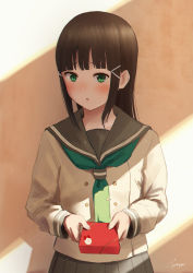Rule 34 | 1girl, bad id, bad pixiv id, black hair, blunt bangs, blush, box, buttons, double-breasted, gift, gift box, green eyes, green neckerchief, grey sailor collar, grey skirt, hair ornament, hairclip, highres, holding, holding gift, incoming gift, kurosawa dia, long hair, long sleeves, looking at viewer, love live!, love live! sunshine!!, mole, mole under mouth, neckerchief, papi (papiron100), parted lips, pleated skirt, sailor collar, school uniform, serafuku, shade, sidelocks, skirt, solo, tie clip, upper body, uranohoshi school uniform, valentine