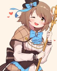 Rule 34 | 1girl, bad id, bad twitter id, black hat, blue bow, blue bowtie, blush, bow, bowtie, capelet, hair between eyes, hat, heart, holding, holding staff, idolmaster, idolmaster cinderella girls, korean commentary, long sleeves, mg pong, mimura kanako, one eye closed, open mouth, short hair, simple background, solo, staff, upper body, yellow background, yellow eyes