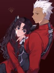 Rule 34 | 1boy, 1girl, archer (fate), black skirt, blue eyes, brown hair, commentary request, fate/stay night, fate (series), hair ribbon, highres, long hair, long sleeves, looking at viewer, orange eyes, red shirt, ribbon, shimatori (sanyyyy), shirt, simple background, skirt, tohsaka rin, twintails, white hair
