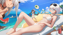 Rule 34 | 5girls, alternate costume, azur lane, barefoot, baseball bat, beach, bikini, black hair, blindfold, blue eyes, blue sky, blush, breasts, can, chair, choker, cleavage, cocktail glass, collarbone, cross, cross earrings, cup, day, deutschland (azur lane), drink can, drinking glass, earrings, finger to mouth, flag print, floatie, food, fruit, german flag bikini, graf zeppelin (azur lane), groin, hair between eyes, highres, holding, holding baseball bat, holding bat, holding food, jewelry, large breasts, leaning forward, linzhong de xiongbaobao, long hair, looking at viewer, lounge chair, low twintails, lying, multicolored hair, multiple girls, navel, ocean, outdoors, palm tree, prinz eugen (azur lane), prinz eugen (unfading smile) (azur lane), red hair, sand, sandals, scarf, short hair, shushing, silver hair, sky, soda can, stomach, streaked hair, suikawari, swimsuit, table, thighs, tirpitz, tirpitz (azur lane), tirpitz (snow-melting summer) (azur lane), tree, twintails, two side up, very long hair, wading, watermelon, waves, white bikini, yellow eyes, z46 (azur lane)