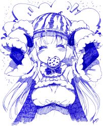 Rule 34 | 1girl, :&gt;, arms up, ballpoint pen (medium), blue theme, breasts, closed eyes, commentary, cookie, english commentary, food, fruit, highres, hololive, kore (korewa13th), long hair, medium breasts, meme, monochrome, mouth hold, notice lines, object on head, signature, solo, traditional media, tsunomaki watame, tsunomaki watame (1st costume), upper body, virtual youtuber, watermelon