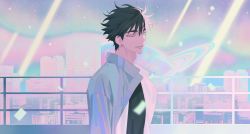 Rule 34 | 1boy, black hair, black shirt, building, city, closed mouth, ear piercing, hair between eyes, highres, inplick, jacket, looking at viewer, male focus, original, outdoors, piercing, planet, shirt, short hair, smile, solo, spiked hair, tsurime, upper body, white eyes, white jacket