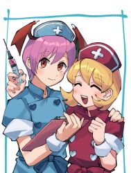 Rule 34 | 2girls, arm around shoulder, blonde hair, blush, bulleta, clipboard, closed eyes, closed mouth, commentary request, dress, hair between eyes, hat, head wings, holding, holding clipboard, holding needle, lilith aensland, looking at viewer, multiple girls, needle, nurse, nurse cap, open mouth, oushiza towel, purple hair, red eyes, short hair, short sleeves, simple background, smile, upper body, vampire (game), white background, wings