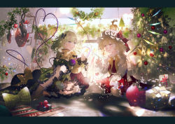 Rule 34 | 2girls, backlighting, black headwear, blonde hair, blouse, blush, bow, christmas tree, commentary request, eyeball, flandre scarlet, frills, green eyes, green hair, green skirt, grin, hat, hat bow, unworn hat, unworn headwear, heart, heart of string, highres, komeiji koishi, letterboxed, looking at another, majamari, mob cap, multiple girls, parted lips, pink eyes, red bow, red skirt, red vest, shirt, short hair, sitting, skirt, skirt set, smile, star (symbol), third eye, touhou, vest, wariza, wavy hair, white headwear, wide sleeves, yellow bow, yellow neckwear, yellow shirt