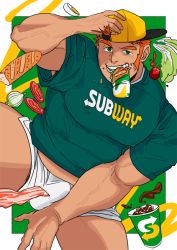 Rule 34 | 1boy, absol (dkqthf), arrow (symbol), backwards hat, baguette, bara, baseball cap, bread, bulge, covered erect nipples, dutch angle, egg, english text, erection, erection under clothes, food, food in mouth, green eyes, green shirt, hat, large pectorals, lettuce, male focus, mature male, midriff peek, muscular, muscular male, onion, orange hair, original, pectorals, personification, recycling symbol, sandwich, shirt, short hair, shorts, sideburns, smile, solo, spread legs, subway (company), thick thighs, thighs, tomato, veins, white shorts