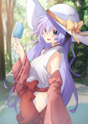 Rule 34 | 1girl, bare shoulders, blush, bow, breasts, curled horns, day, detached sleeves, food, from side, hair between eyes, hakama, hakama skirt, hand up, hanyuu, hat, highres, higurashi no naku koro ni, horns, ice cream, japanese clothes, kimono, long hair, long sleeves, looking at viewer, miko, nature, nontraditional miko, open mouth, outdoors, path, popsicle, purple eyes, purple hair, red bow, red hakama, ribbon, ribbon-trimmed sleeves, ribbon trim, road, skirt, sleeveless, sleeveless kimono, smile, solo, tree, upper body, very long hair, white hat, wide sleeves, yellow ribbon, yuyunatsuki