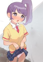 Rule 34 | 1girl, blunt bangs, blush, breasts, clothes lift, female focus, grey eyes, highres, hyakumangoku masurao, lifting own clothes, long hair, looking at viewer, manaka non, necktie, open mouth, ponytail, pretty series, pripara, red necktie, school uniform, shirt, short sleeves, side ponytail, skirt, skirt lift, small breasts, solo, standing