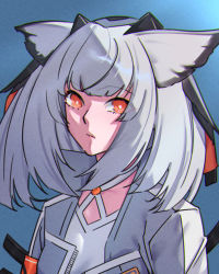 Rule 34 | 1girl, absurdres, arknights, blue background, bright pupils, closed mouth, gradient background, grey hair, grey jacket, highres, jacket, kimo suna, looking at viewer, open clothes, open jacket, owl ears, ptilopsis (arknights), red eyes, shirt, short hair, solo, upper body, white shirt