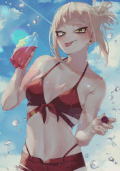 Rule 34 | 1girl, absurdres, bikini, blonde hair, blue sky, boku no hero academia, bottle, breasts, chibi 228, cleavage, cloud, day, fang, front-tie bikini top, front-tie top, highleg, highleg bikini, highres, holding, holding bottle, looking at viewer, medium breasts, messy hair, narrowed eyes, outdoors, red bikini, sky, slit pupils, solo, swimsuit, toga himiko, tongue, tongue out, water drop, yellow eyes