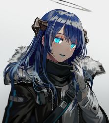 Rule 34 | 1girl, arknights, bad id, bad twitter id, black jacket, blue eyes, blue hair, blue tongue, colored tongue, dragon horns, fur-trimmed jacket, fur trim, gloves, hair between eyes, halo, horns, jacket, long hair, long sleeves, looking at viewer, mostima (arknights), open clothes, open mouth, shirt, silence girl, smile, solo, upper body, white shirt