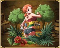 Rule 34 | 1girl, ass, bare shoulders, bracelet, hand on own hip, jewelry, looking back, nami (one piece), official art, one piece, one piece: strong world, one piece: treasure cruise, orange hair, plant, short shorts, shorts, solo