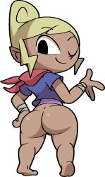 Rule 34 | 1girl, ass, bandana, barefoot, black eyes, blonde hair, blue shirt, bottomless, closed mouth, dark-skinned female, dark skin, female focus, from behind, full body, hand on own hip, hand up, happy, heel up, highres, looking back, nintendo, one eye closed, pointy ears, red neckwear, shiny skin, shirt, short hair, short sleeves, sidelocks, simple background, smile, solo, standing, swept bangs, tetra, the legend of zelda, the legend of zelda: the wind waker, undershirt, vilepluff, white background, wide hips, wink, wristband