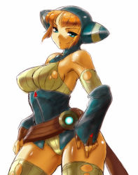 Rule 34 | 1girl, animal ears, aqua eyes, bare shoulders, belt, blue eyes, breasts, breath of fire, breath of fire v, brown hair, capcom, cat ears, cat tail, curvy, dr.p, fingerless gloves, gloves, lin, lin (breath of fire), orange hair, short hair, solo, tail, thick thighs, thighhighs, thighs, torn clothes
