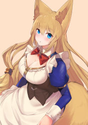 Rule 34 | 1girl, animal ears, blonde hair, blue eyes, blush, bow, bowtie, breasts, cleavage, dress, fox ears, frills, large breasts, long hair, looking at viewer, maid, original, parted lips, pink background, simple background, solo, standing, very long hair, yoshizawa tsubaki