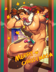 Rule 34 | 1boy, abs, bara, bell, blush, brown hair, condom, condom in mouth, condom packet strip, condom wrapper, covered penis, erection, fingerless gloves, fur collar, gloves, hat, highres, large pectorals, lvlv, male focus, merry christmas, mouth hold, muscular, muscular male, navel, nipples, nude, original, pectorals, penis, red gloves, santa hat, short hair, solo, testicles, thighs