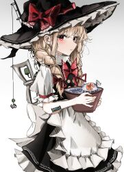 Rule 34 | 1girl, absurdres, alternate hairstyle, animal, apron, black hat, black skirt, black vest, blonde hair, blush, bow, braid, clenched hand, closed mouth, fish, frilled apron, frilled skirt, frills, goldfish, hat, hat bow, highres, holding, kirisame marisa, long hair, looking at viewer, ougiikun, red bow, red eyes, simple background, skirt, solo, touhou, twin braids, vest, waist apron, white apron, white background, witch hat