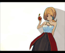 Rule 34 | 1girl, apple, asymmetrical hair, bad id, bad pixiv id, breasts, brown hair, cleavage, dress, food, fruit, holding, holding food, holding fruit, hrd, large breasts, letterboxed, short hair, smile, solo