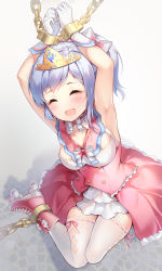Rule 34 | 1girl, :d, ^ ^, absurdres, anchor symbol, arms up, bdsm, blue hair, bondage, bound, bound wrists, chain, closed eyes, commentary request, cuffs, dress, gloves, highres, okazakileo, open mouth, pink dress, ponytail, princess, restrained, roller skates, shackles, sigsbee (warship girls r), sitting, skates, smile, solo, thighhighs, tiara, tied up (nonsexual), tile floor, tiles, wariza, warship girls r, white gloves