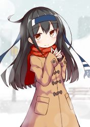 Rule 34 | 1girl, absurdres, alternate costume, black hair, blue headband, blush, brown coat, brown eyes, coat, commentary request, hair between eyes, hatsushimo (kancolle), hatsushimo kai ni (kancolle), headband, highres, ichi (ichi.colors), kantai collection, long hair, long sleeves, pocket, red scarf, scarf, smile, solo, upper body