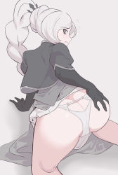 Rule 34 | 1girl, ass, blue eyes, blush, braid, butt crack, dress, gloves, grey background, hand on own ass, highres, juliet sleeves, long hair, long sleeves, looking at viewer, looking back, panties, puffy sleeves, rwby, simple background, solo, thighs, underwear, wangxiii, weiss schnee, white background, white hair, white panties
