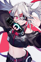 Rule 34 | 1girl, arm up, bare shoulders, belt, belt buckle, black collar, black eyes, black shirt, blouse, buckle, can, collar, dive to zone, eyepatch, eyeshadow, fingernails, glowing, grey hair, headphones, headphones around neck, highres, holding, holding can, long fingernails, makeup, midriff, nail polish, navel, original, pink nails, power symbol, red eyes, sharp teeth, shirt, short shorts, shorts, shugao, smile, solo, spiked collar, spikes, stomach, symbol-shaped pupils, teeth, twintails, v-shaped eyebrows