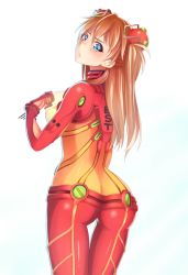 Rule 34 | 00s, 1girl, ass, bad id, bad pixiv id, blue eyes, blush, bodysuit, butt crack, cowboy shot, evangelion: 2.0 you can (not) advance, from behind, highres, latex, light brown hair, long hair, looking back, multicolored clothes, nemunemu (bluelight5), neon genesis evangelion, plugsuit, rebuild of evangelion, simple background, solo, souryuu asuka langley, test plugsuit, thigh gap, white background