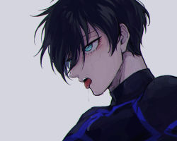 Rule 34 | 1boy, aqua eyes, black hair, blue eyes, blue lock, drooling, eyelashes, eyeshadow, from side, hair over one eye, himishiro, itoshi rin, long sleeves, looking away, makeup, male focus, portrait, profile, saliva, short hair, simple background, skin tight, solo, sweat, tongue, tongue out, white background