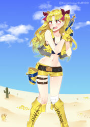 Rule 34 | 1girl, absurdres, artist name, bandaged knees, bandaged leg, bandages, bandeau, belt, belt buckle, black belt, blonde hair, blue bandeau, blue sky, boots, brown belt, buckle, cactus, cloud, commentary, cosplay, cropped vest, cross-laced footwear, dated, desert, energy gun, english commentary, ereshkigal (fate), fate/grand order, fate (series), fingerless gloves, full body, gloves, grass, gun, hair ribbon, handgun, highres, holding, holding gun, holding weapon, holster, horizon, ishtar (fate), knees together feet apart, kuroeart, lace-up boots, landscape, light blush, long hair, looking to the side, nature, navel, open mouth, outdoors, outline, ray gun, red eyes, red ribbon, ribbon, short shorts, shorts, sky, solo, space ishtar (fate), space ishtar (fate) (cosplay), star (symbol), studded belt, teeth, thigh belt, thigh strap, twintails, twitter username, upper teeth only, vest, weapon, white outline, yellow footwear, yellow gloves, yellow shorts, yellow vest