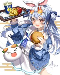 Rule 34 | &gt; &lt;, 1girl, :d, belt, blue hair, blue jacket, blue neckerchief, blush, burger, choker, cup, disposable cup, double bun, earrings, food, french fries, hair bun, hair ribbon, heart, heart-shaped eyewear, highres, holding, holding food, holding tray, hololive, jacket, jewelry, kito koruta, long hair, long sleeves, looking at viewer, multicolored hair, neckerchief, open clothes, open jacket, open mouth, pekomon (usada pekora), rabbit-shaped eyewear, rabbit earrings, red eyes, ribbon, sailor collar, shirt, skirt, smile, solo, thick eyebrows, tray, two-tone hair, usada pekora, usada pekora (casual), virtual youtuber, white belt, white choker, white hair, white sailor collar, white shirt, white skirt, xd