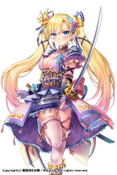 Rule 34 | 1girl, armor, blue eyes, blush, breasts, cleavage, clenched hand, earrings, fighting stance, fingerless gloves, flower, gloves, hair flower, hair ornament, highres, holding, holding sword, holding weapon, jewelry, long hair, looking at viewer, medium breasts, nanase chiori, official art, purple gloves, sengoku hanafuda kassen, sheath, skirt, solo, standing, standing on one leg, sword, thighhighs, twintails, watermark, weapon, white thighhighs