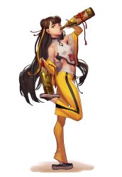 Rule 34 | 1girl, bare shoulders, black survival, bottle, brown eyes, brown hair, bruce lee&#039;s jumpsuit, crocs, double bun, drinking, from side, full body, hair bun, hair ribbon, highres, jacket, jumpsuit, li dailin, long hair, looking at viewer, matching hair/eyes, midriff, official art, one touch, open clothes, open jacket, orange jumpsuit, ribbon, sake bottle, simple background, slippers, snake, solo, spilling, standing, standing on one leg, tape, tiptoes, turtleneck, very long hair, white background