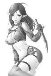 Rule 34 | 1girl, ahoge, breasts, center opening, choker, dagger, dark elf (lineage 2), covered erect nipples, gloves, greyscale, kanzeon, knife, lineage, lineage 2, long hair, looking to the side, midriff, monochrome, pointy ears, shorts, sideboob, solo, thighhighs, thighs, weapon