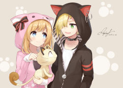 Rule 34 | 1boy, 1girl, animal, animal ears, animal hood, bad id, bad pixiv id, black jacket, blonde hair, blue eyes, bow, brown background, cat, cat ears, cat hood, closed mouth, collar, commentary request, creatures (company), dated, fake animal ears, game freak, gen 1 pokemon, gladion (pokemon), green eyes, hair over one eye, holding, holding animal, hood, hood up, hooded jacket, jacket, looking at another, meowth, nintendo, one eye covered, open mouth, paw print, pink jacket, pokemon, pokemon (creature), pokemon sm, rupinesu, selene (pokemon), shirt, signature, smile, upper body, white shirt