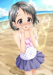 Rule 34 | 1girl, bare arms, bare shoulders, beach, black eyes, black hair, blue skirt, blue sky, blush, camisole, cloud, cloudy sky, collarbone, day, fingernails, hair ornament, hairclip, hands on own face, hands up, highres, horizon, idolmaster, idolmaster cinderella girls, nose blush, ocean, open mouth, outdoors, pleated skirt, polka dot, polka dot camisole, rabbit hair ornament, regular mow, sand, sasaki chie, skirt, sky, solo, standing, water, white camisole