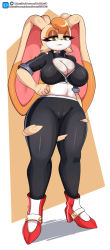 Rule 34 | 1girl, absurdres, black leggings, boots, border, breasts, brown background, brown hair, cameltoe, cleavage cutout, closed mouth, clothing cutout, cropped jacket, full body, furry, half-closed eyes, highres, kyodashiro, large breasts, leggings, midriff, navel, rabbit ears, red footwear, short sleeves, simple background, skindentation, smile, solo, sonic (series), standing, torn clothes, torn legwear, vanilla the rabbit, white border, yellow eyes