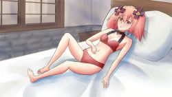 Rule 34 | 1girl, ai-fy, alyn (fairy fencer f), bed, bed sheet, belly, blush, bra, breasts, commission, eyebrows, eyelashes, fairy fencer f, feet, hair ribbon, hand on own stomach, highres, navel, nose, open mouth, panties, pillow, red bra, red eyes, red hair, red panties, ribbon, table, toes, underwear, wall, window
