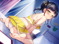 Rule 34 | 1girl, ass, back, barefoot, black hair, blunt bangs, blush, breasts, cellphone, closed mouth, clothes lift, curtains, feet, hair ornament, highres, looking at viewer, medium breasts, night, non-web source, on bed, original, phone, picture frame, pillow, pleated skirt, shirt, side ponytail, sidelocks, sitting, skirt, skirt lift, smartphone, smile, soles, solo, strap slip, toes, wariza, window, yan (nicknikg), yellow eyes, yellow shirt, yellow skirt