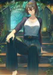 Rule 34 | 1girl, belt, blue eyes, breasts, brown hair, cleavage, closed mouth, collarbone, commentary, eyes visible through hair, feet out of frame, hair between eyes, hair ornament, hair scrunchie, hand on own knee, high-waist pants, highres, jewelry, large breasts, looking at viewer, mashuu (neko no oyashiro), necklace, oomikado itsuki, original, pants, pendant, plant, pleated skirt, ponytail, scrunchie, shirt, sidelocks, sitting, sitting on stairs, skirt, solo, stairs, swept bangs, white shirt