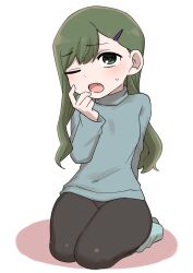 1girl absurdres black_pantyhose blush fang green_eyes green_hair highres igarashi_futaba_(shiromanta) medium_hair one_eye_closed open_mouth pantyhose petite seiza senpai_ga_uzai_kouhai_no_hanashi shiromanta sitting sweater thick_thighs thighs