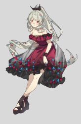 Rule 34 | 1girl, absurdres, bare shoulders, black bow, black footwear, blush, bow, breasts, cleavage, dress, flower, flower ornament, full body, grey background, grey hair, hair bow, hair flower, hair ornament, high heels, high ponytail, highres, lai dou laile 555, light smile, long hair, medium dress, nijisanji, nijisanji en, off-shoulder dress, off shoulder, red dress, red eyes, red nails, reimu endou, see-through, see-through dress layer, simple background, small breasts, solo, toenails, virtual youtuber, wrist cuffs