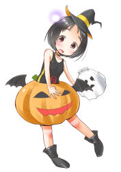 Rule 34 | 1girl, absurdres, adapted costume, alternate costume, bat wings, black choker, black footwear, black hair, black headwear, black one-piece swimsuit, brown eyes, choker, commentary request, full body, ghost, halloween costume, highres, jack-o&#039;-lantern, kantai collection, maru-yu (kancolle), one-piece swimsuit, parted bangs, short hair, simple background, solo, swimsuit, taisinkoku, thick eyebrows, white background, white headwear, wings