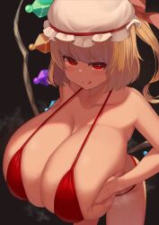 Rule 34 | 1girl, absurdres, alternate breast size, bikini, blonde hair, breasts, cleavage, closed mouth, collarbone, facominn, flandre scarlet, gigantic breasts, hat, highres, huge breasts, long hair, looking at viewer, oppai loli, red bikini, smile, solo, standing, swimsuit, tongue, tongue out, touhou, wings