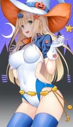 Rule 34 | 1girl, bat ornament, blonde hair, blue thighhighs, commentary request, competition swimsuit, covered navel, cowboy shot, crescent moon, gloves, green eyes, halloween, hat, hataraki kuma, highres, jack-o&#039;-lantern, long hair, looking at viewer, moon, night, night sky, one-piece swimsuit, original, sky, solo, star ornament, swimsuit, thighhighs, white gloves, white hat, witch hat