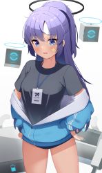 Rule 34 | 1girl, absurdres, blue archive, blue eyes, buruma, commentary request, drone, eyes visible through hair, facial tattoo, gym shirt, hair between eyes, halo, hands on own hips, highres, id card, jacket, long hair, long sleeves, looking at viewer, official alternate costume, parted bangs, ponytail, purple hair, rindou ringdong, shirt, sidelocks, simple background, solo, tattoo, track jacket, white background, yuuka (blue archive), yuuka (track) (blue archive)