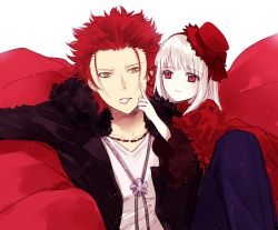 Rule 34 | 10s, 1boy, 1girl, hat, jacket, jewelry, k-project, kushina anna, long hair, necklace, open clothes, open jacket, orange eyes, red eyes, red hair, short hair, smile, suoh mikoto, white hair, yasai (getsu)
