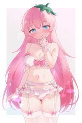 Rule 34 | 1girl, :3, blush, bow, bow bra, bra, breasts, closed mouth, commission, food, frilled bra, frilled panties, frills, fruit, garter belt, gloves, green hat, half-closed eyes, half gloves, hat, heart, highres, lingerie, long hair, looking at viewer, medium breasts, navel, original, panties, skeb commission, smile, solo, standing, strawberry, thighhighs, tilted headwear, underwear, urakiso, very long hair, white bra, white garter belt, white panties, white thighhighs
