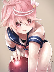 Rule 34 | 10s, 1girl, ahoge, blush, gojarun, gradient background, hair ornament, highres, i-58 (kancolle), kantai collection, open mouth, pink hair, school swimsuit, school uniform, serafuku, short hair, smile, solo, swimsuit, swimsuit under clothes, torpedo, type 95 torpedo, wet, wet clothes